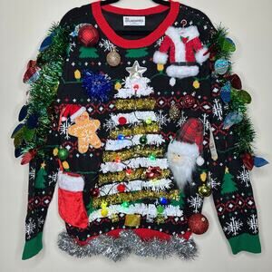 Ugly Christmas Sweater Tree LIGHTS UP Tacky Tinsel Xmas Party Winner Size XL